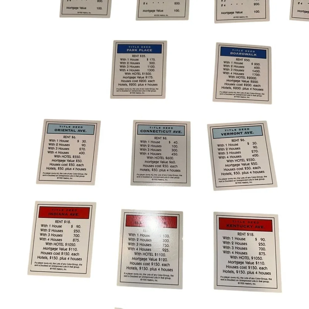 Vintage 1999 Monopoly Title Deed Cards Complete Set Replacement Parts White